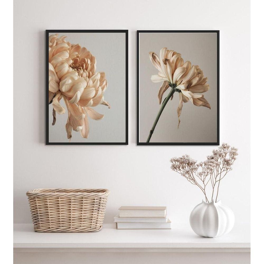 Kit 2 Quadros Decorativos Florais Bege E Cinza 33X24Cm