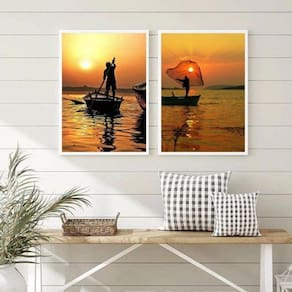Kit 2 Quadros Decorativos Pescadores- Por Do Sol 33X24Cm