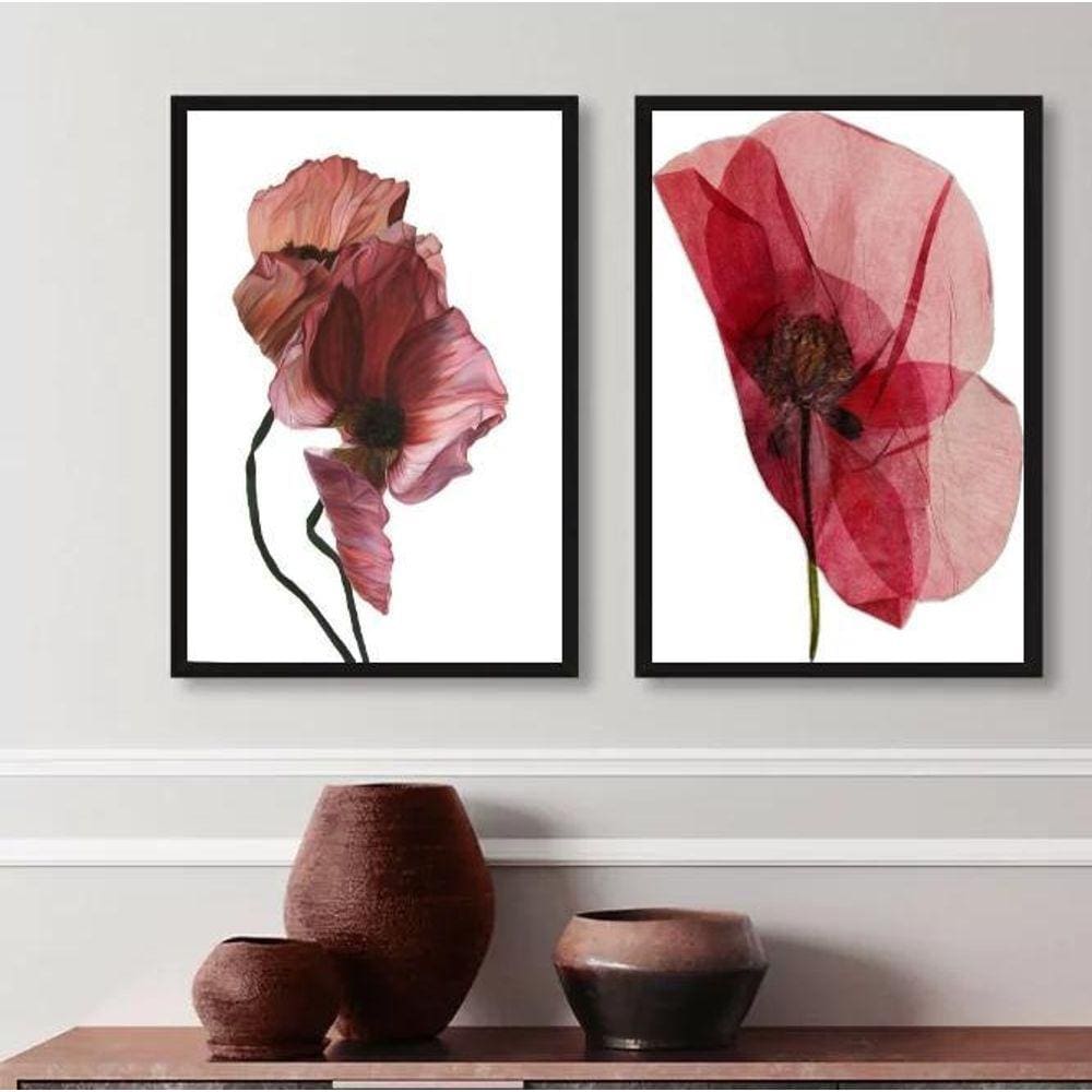 Kit 2 Quadros Sala Flores Modernas Sóbrias 24X18Cm