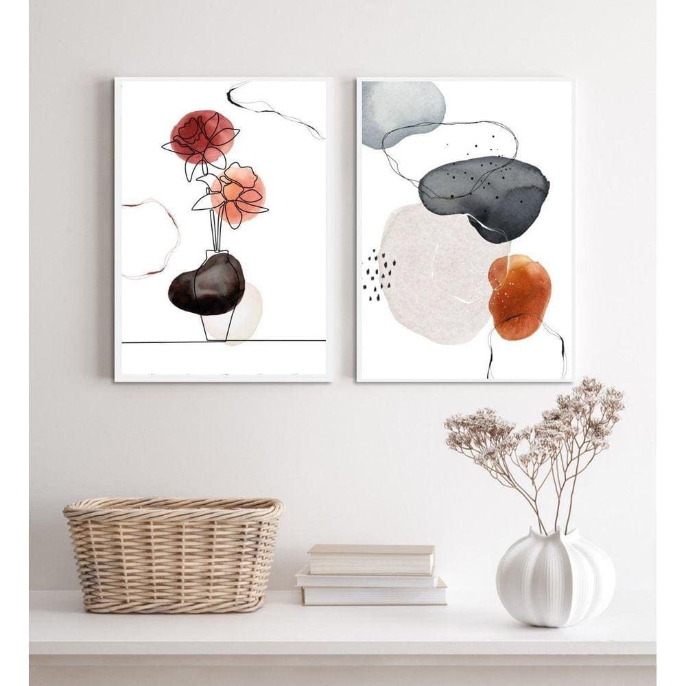 Kit 2 Quadros Decorativos Flor E Abstrato- Manchas Aquarela