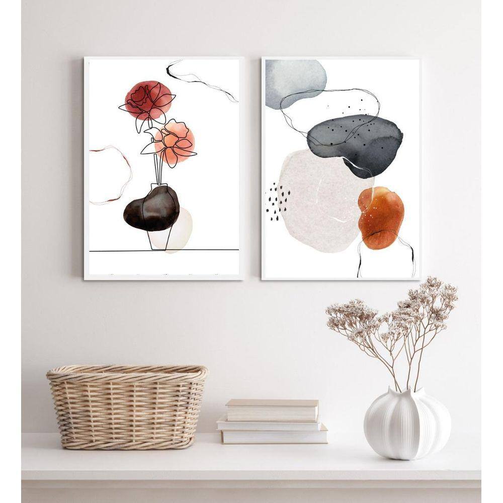 Kit 2 Quadros Decorativos Flor E Abstrato- Manchas Aquarela