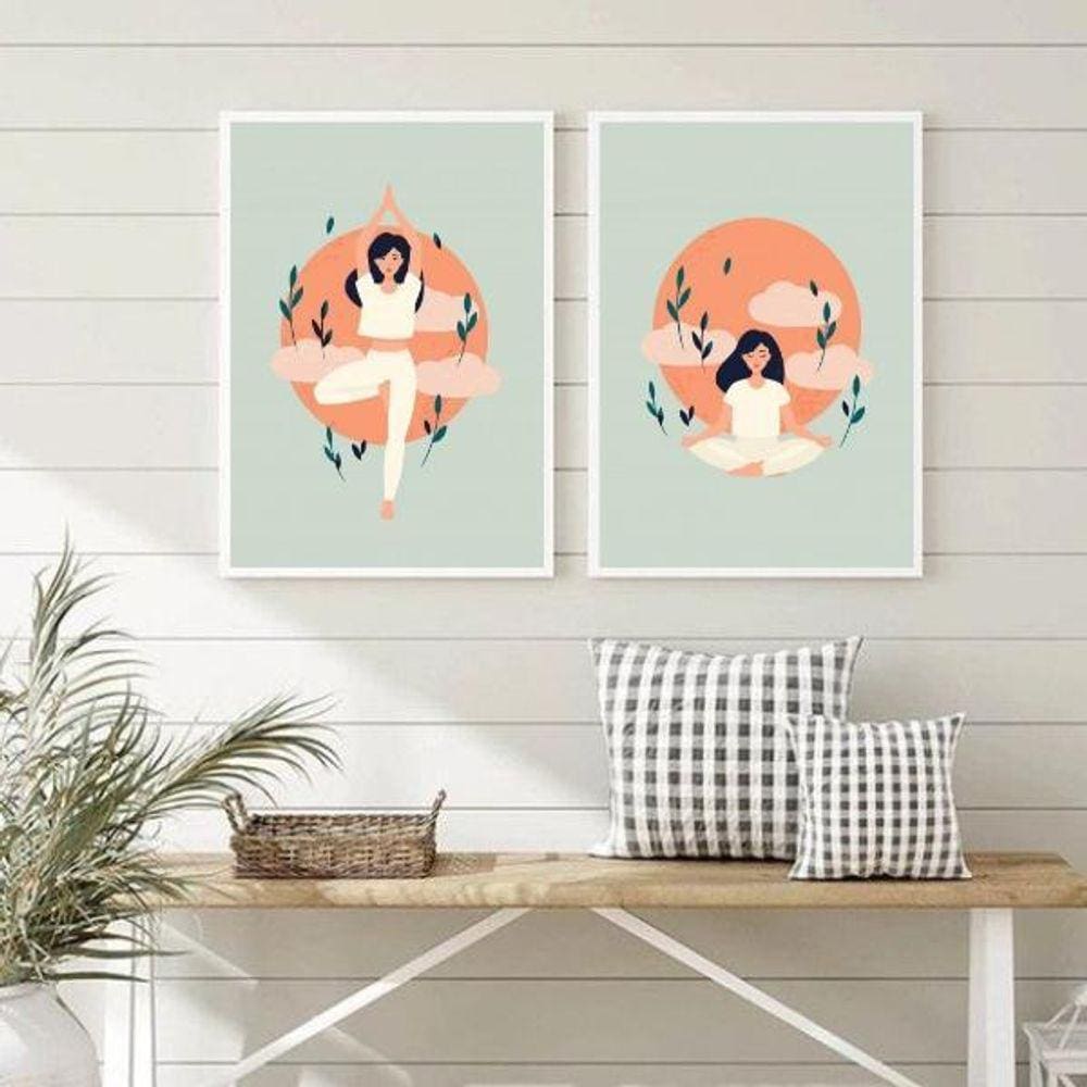 Kit 2 Quadros Decorativos Meditação Yoga 45X34Cm - Com Vidro