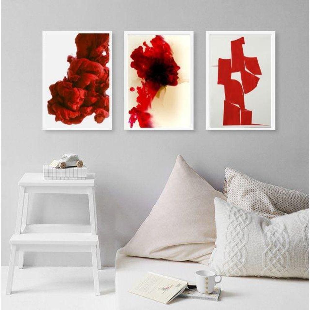 Kit 3 Quadros Decorativos Vermelhos- Formas Abstratas