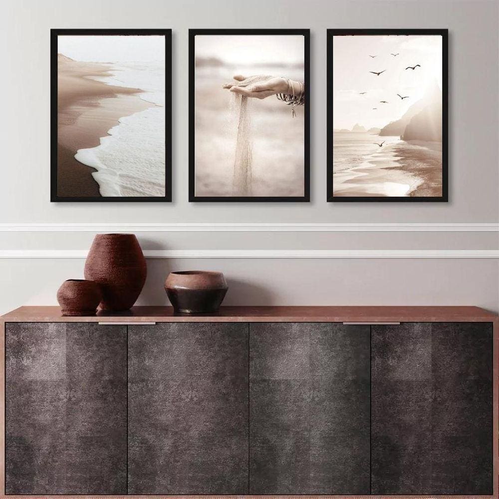 Kit 3 Quadros Decorativos Praia Bege E Marrom 45X34Cm