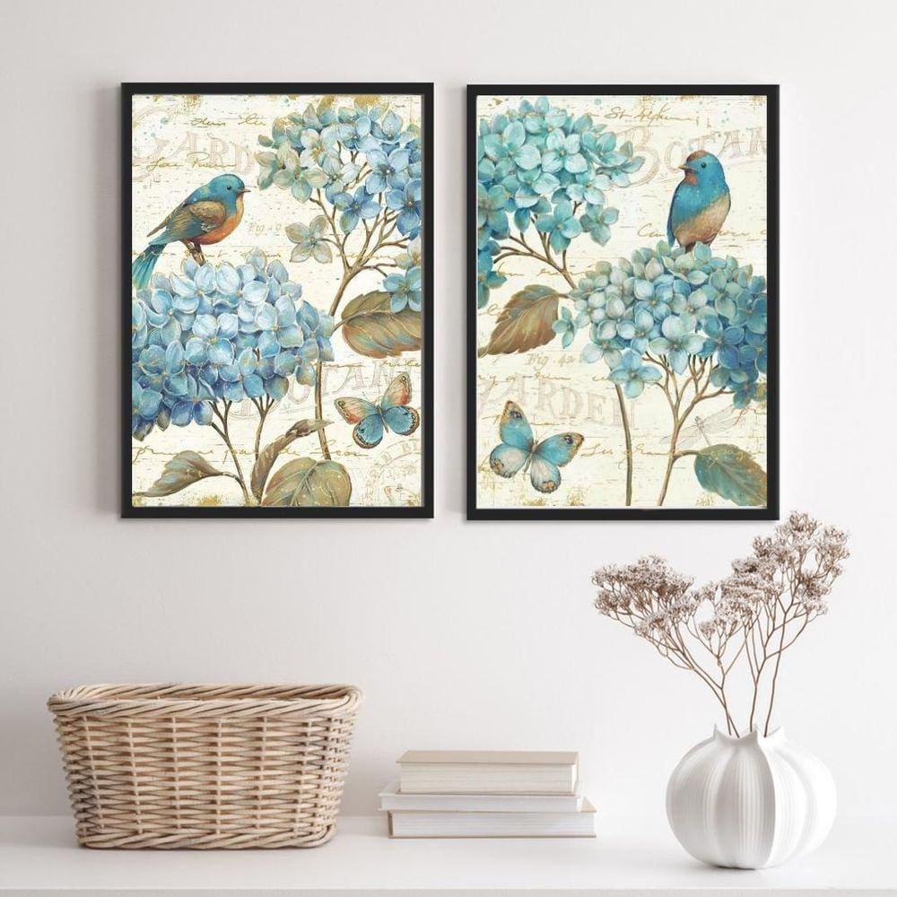 Kit 2 Quadros Decorativos Passarinhos Hortências 33X24Cm