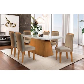 Conjunto: Mesa Sala Jantar Luna c/ Tampo Madeirado c/ Vidro Canto Reto 180cm + 6 Cadeiras Athenas Imbuia/Linho Turim - Rufato