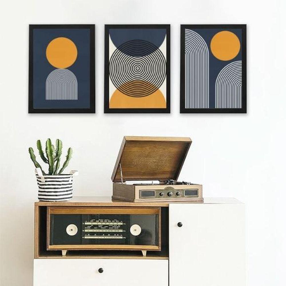 Kit 3 Quadros Abstratos Azul E Mostarda- Círculos 24X18Cm