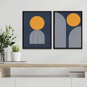 Kit 2 Quadros Minimalistas Abstratos Azul E Amarelo 24X18Cm