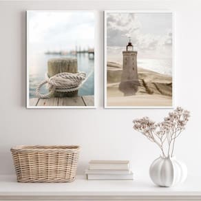 Kit 2 Quadros Praia Branco- Corda E Farol 24X18Cm - Vidro