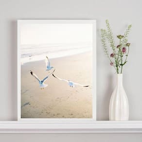 Quadro Decorativo Gaivotas Voando Na Praia 24X18Cm - Vidro