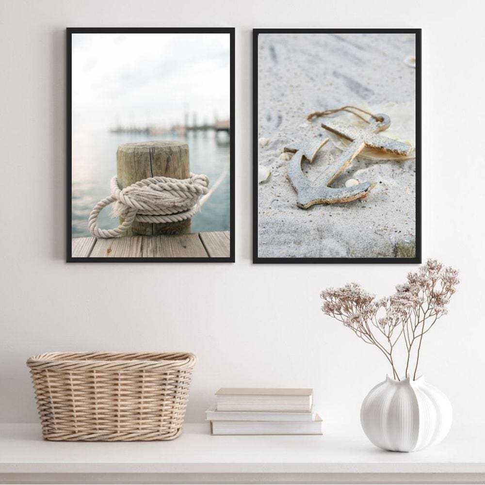 Kit 2 Quadros Praia Branco- Corda E Âncora 24X18Cm - Vidro