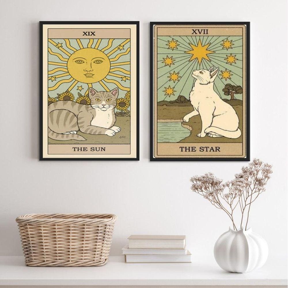 Kit 2 Quadros Cartas Tarot Gato- The Sun E The Star 33X24Cm