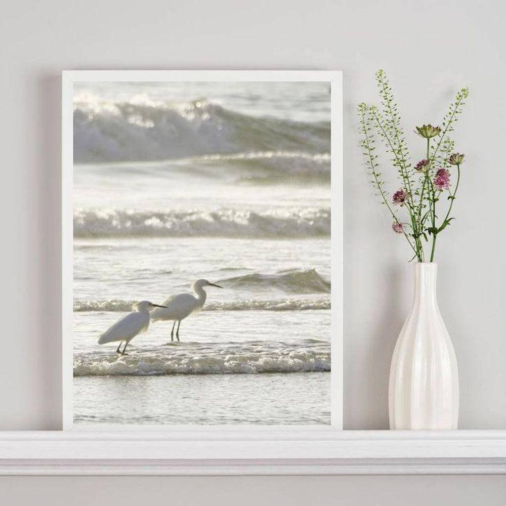 Quadro Decorativo Passarinhos Brancos Praia 24X18Cm