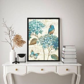 Quadro Decorativo Passarinho Com Hortências 24X18Cm