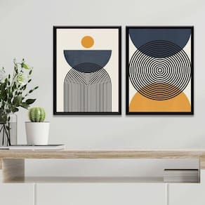 Kit 2 Quadros Abstrato Círculos Azul E Mostarda 45X34Cm