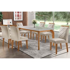 Sala de Jantar Completa Londrina Tampo Madeirado c/ Vidro 180cm + 6 Cadeiras Melissa Imbuia/Veludo Creme - Rufato