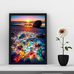 Quadro Decorativo Pedras Coloridas Praia Por Do Sol 45X34Cm