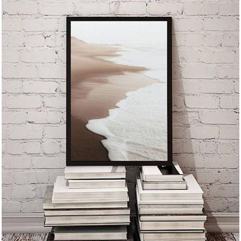 Quadro Fotografia Branca Bege Marrom Praia Mar 45X34Cm Vidro