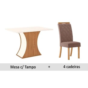 Sala de Jantar Completa Luiza Tampo Madeirado c/ Vidro Canto Reto 120x80cm e 4 Cadeiras Bella Nature/Marrom Amêndoa - Henn