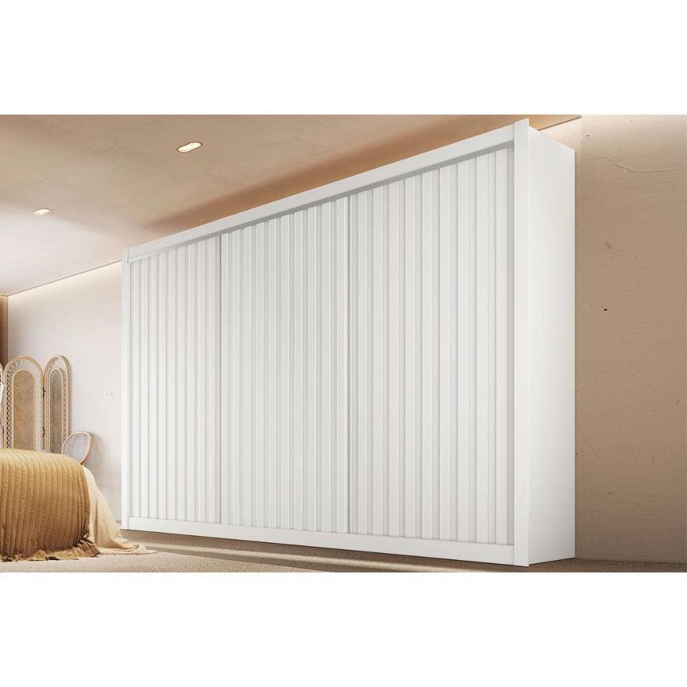 Guarda Roupas 3 Portas de Correr Ripada e 6 Gavetas York Branco Acetinado - Europa