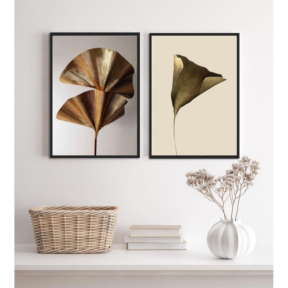 Kit 2 Quadros Flores Modernas Marrom E Dourado 24X18Cm Vidro