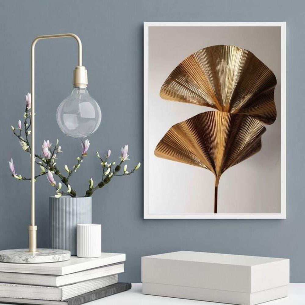 Quadro Decorativo Abstrato Folha Leque Bronze 33X24Cm Vidro