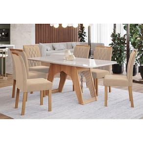 Conjunto: Mesa Sala Jantar Carol c/ Tampo Madeirado c/ Vidro 180cm + 6 Cadeiras Juliana Nature/Off White/Madeira/Nude - Cimol