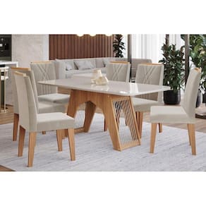 Conjunto: Mesa Sala Jantar Carol c/ Tampo Madeirado c/ Vidro 180cm + 6 Cadeiras Nicole Nature/Off White/Madeira/Nude - Cimol