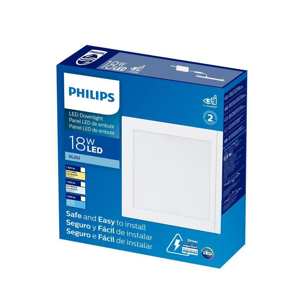 Plafon embutir Philips quadrado 18W  BR fria 6500K BV 22x22