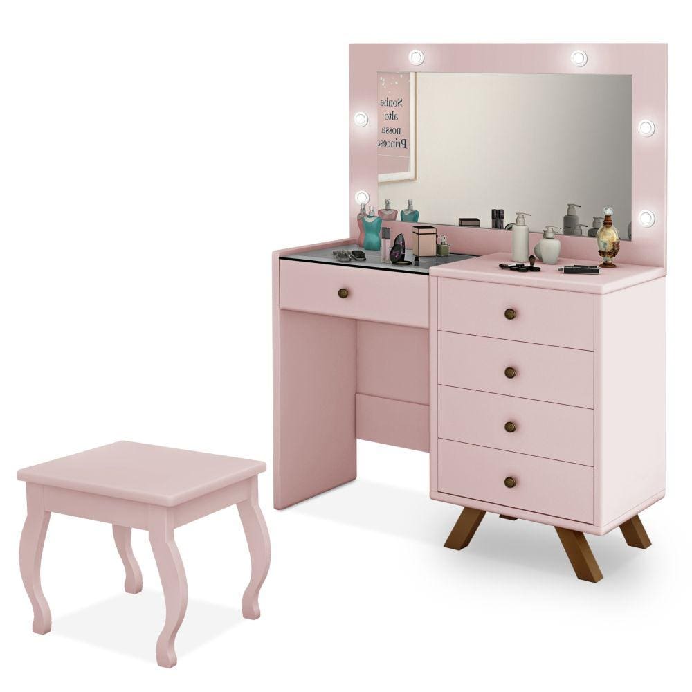 Penteadeira Camarim com espelho banqueta LED Luapa Luna - Rosa