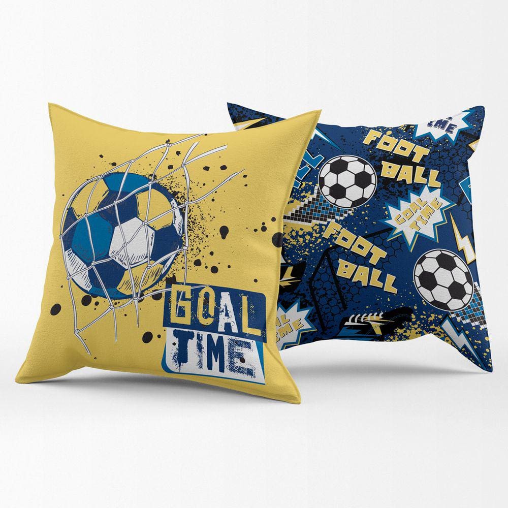Par de Capas de Almofadas Estampadas Futebol Goal Amarelo/Azul Marinho 45cm x 45cm - Decoração para Quarto