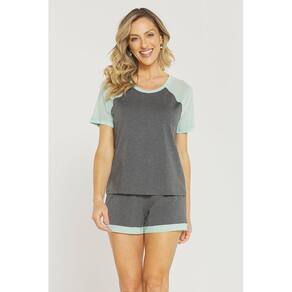 Pijama Feminino Curto Recorte Contrastante em Tule Vazado