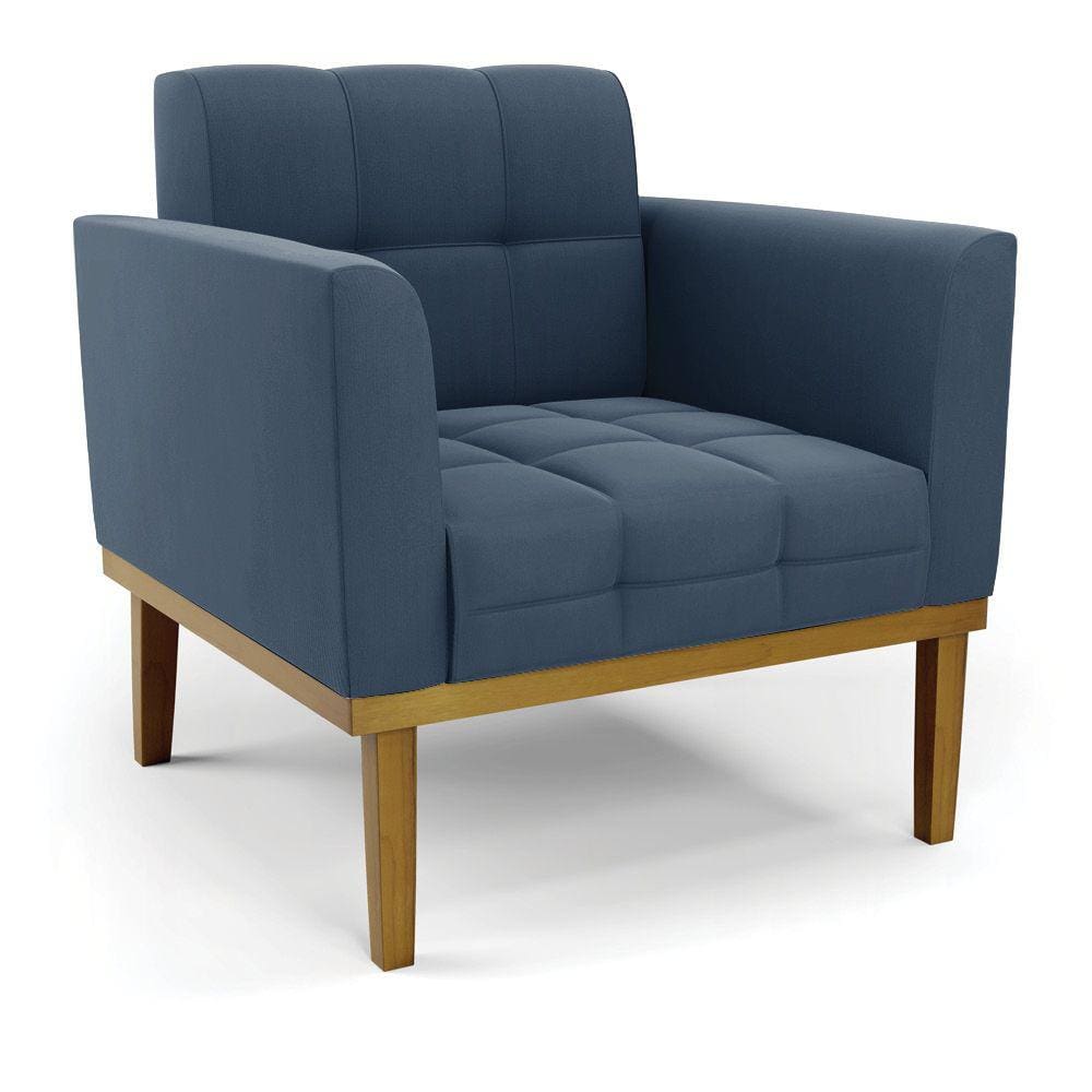 Poltrona Base de Madeira Fixa Castanho Elisa Suede Azul Marinho D03 - D`Rossi