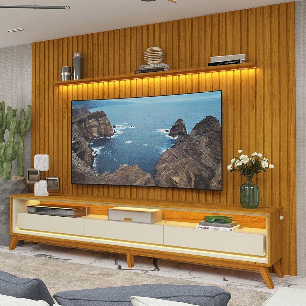 Rack com Painel para Tv até 85 Polegadas Led 3 Gavetas com Pés Madeira 275cm Nobre/requinte Marromle/Off White
