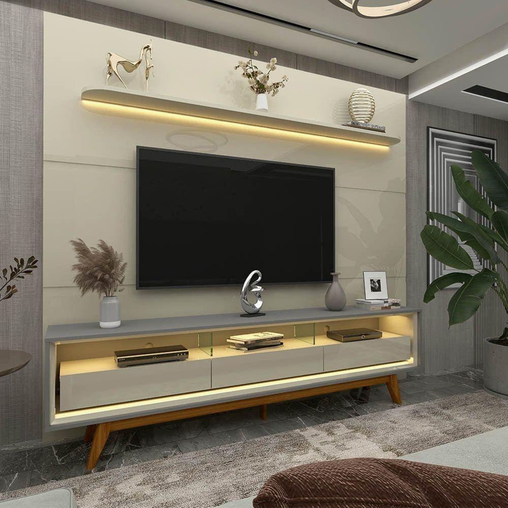Rack com Painel para Tv até 85 Polegadas Led 3 Gavetas com Pés Madeira 220cm Royal/requinte Off White/Cinza-Off White