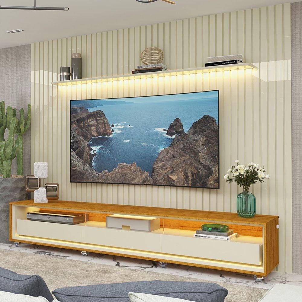Rack com Painel para Tv até 85 Polegadas Led 3 Gavetas com Rodízios 275cm Nobre/requinte Off White/Marromle-Off White