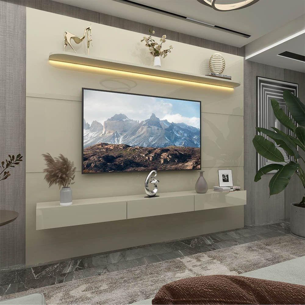Estante Home para Tv até 85 Polegadas com Led 1 Prateleira 220cm Royal Off White/Off White