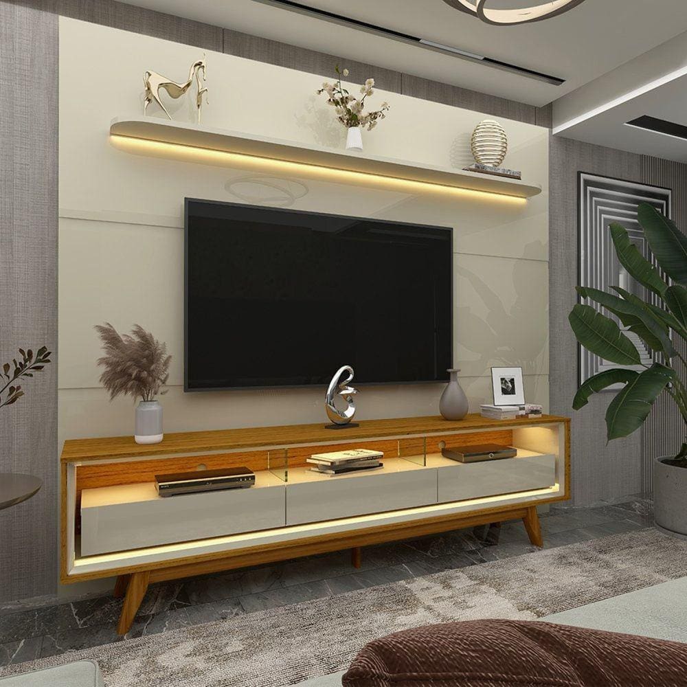 Rack com Painel para Tv até 85 Polegadas Led 3 Gavetas com Pés Madeira 220cm Royal/requinte Off White/Marromle-Off White