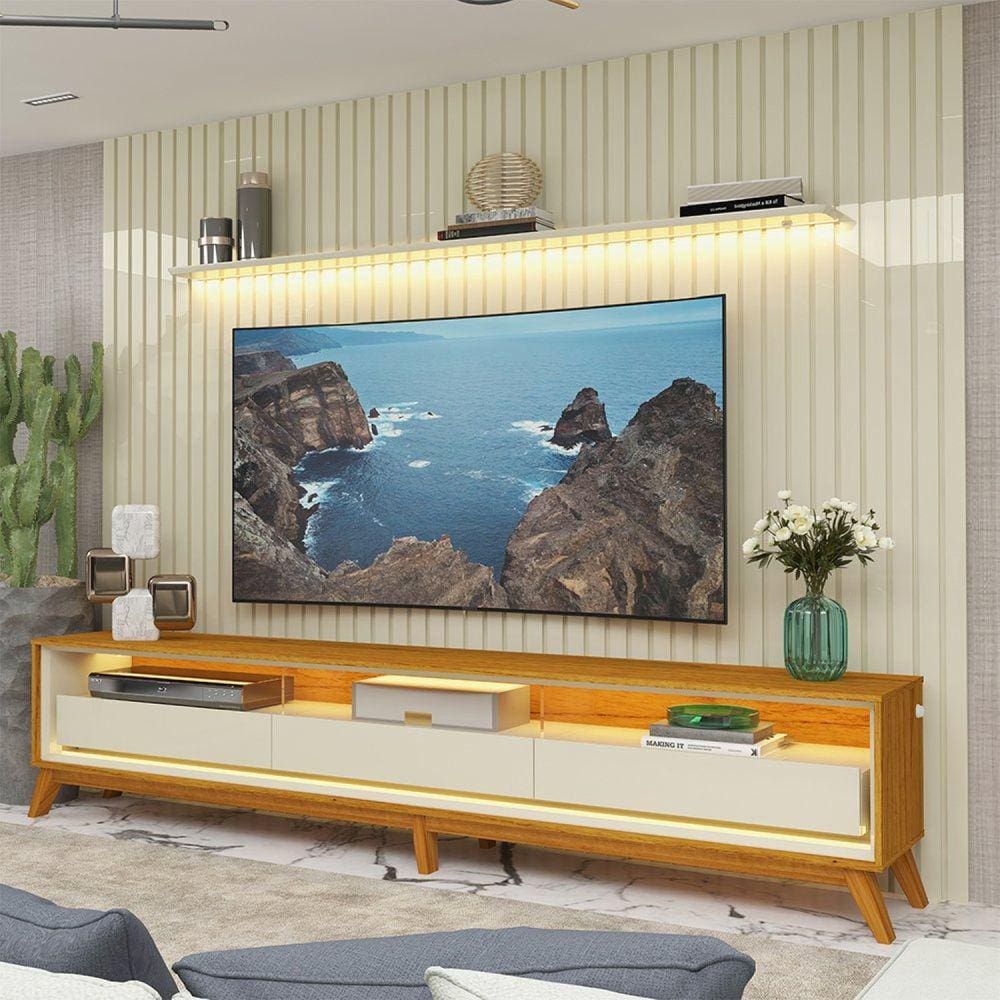 Rack com Painel para Tv até 85 Polegadas Led 3 Gavetas com Pés Madeira 275cm Nobre/requinte Off White/Marromle-Off White