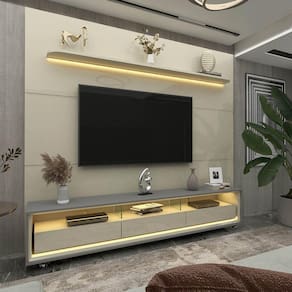 Rack com Painel para Tv até 85 Polegadas Led 3 Gavetas com Rodízios 220cm Royal/requinte Off White/Cinza-Off White
