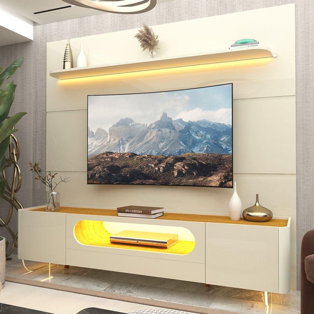 Rack com Painel para Tv até 85 Polegadas 1 Gaveta 2 Portas com Led 1 Prateleira Off White/Off White-Marromle