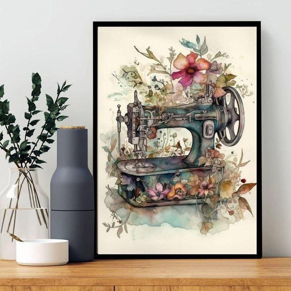 Quadro Decorativo Máquina De Costura Flores 45X34Cm - Vidro