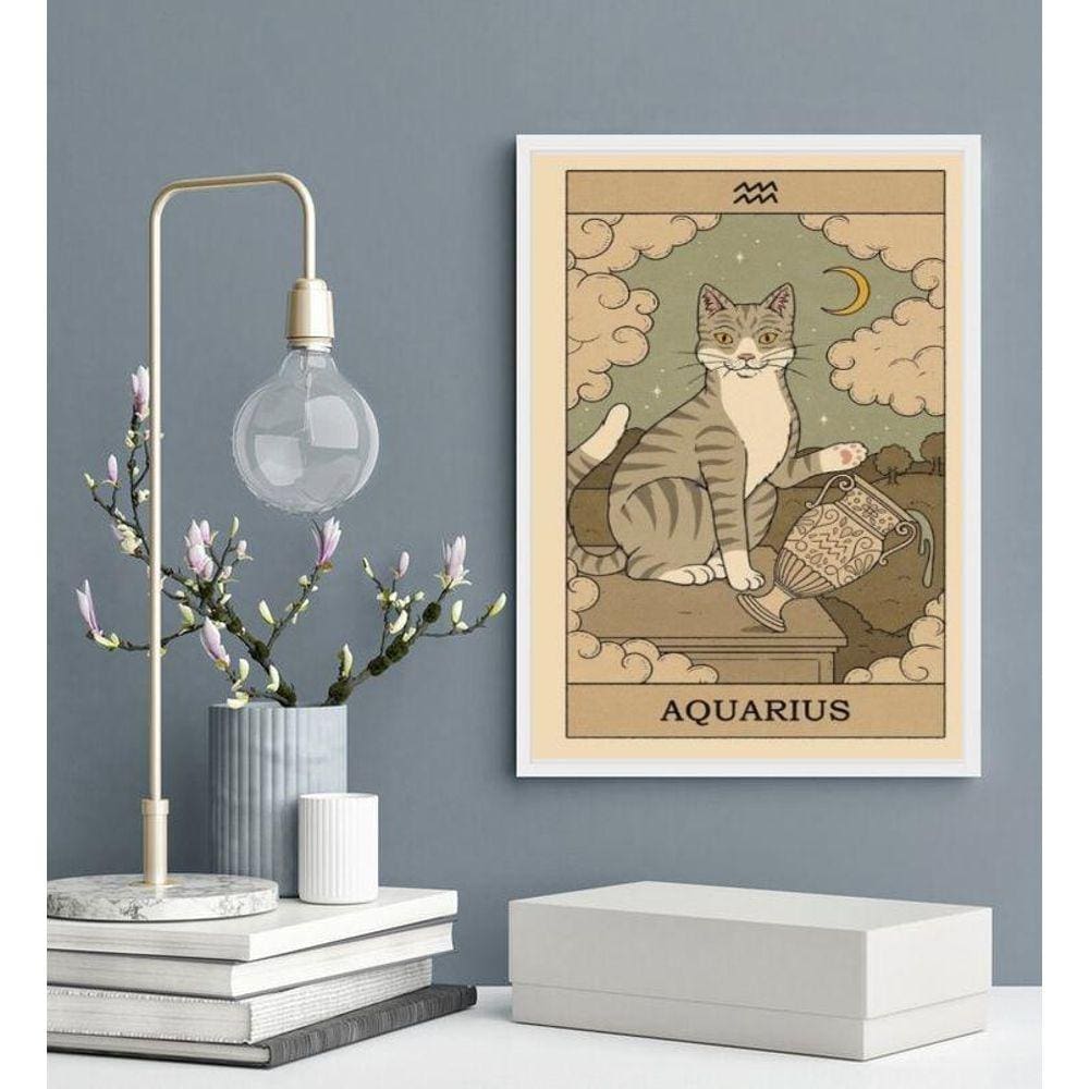 Quadro Carta Tarot Gato Signo Aquário 45X34Cm - Com Vidro