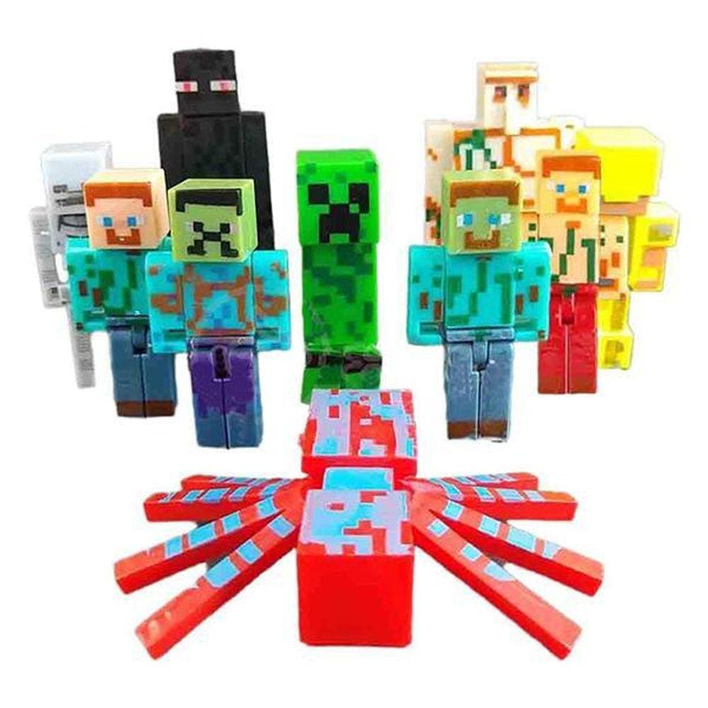 Cartela 10 Boneco Articulado Minecraft My Home + 2 Blocos