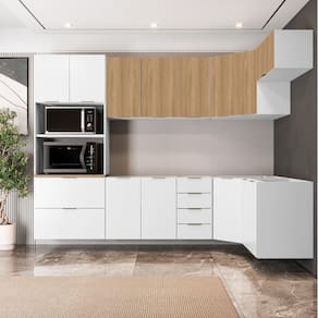 Cozinha Modulada 7 Peças sem Tampo 3 Aéreos 3 Balcões e Torre Quente Ipanema Cabecasa Madeiramadeira Branco/Amadeirado