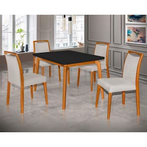 Mesa Jantar Jade 120X90cm Preto Com 4 Cadeiras Estofadas Linho Bege Base Madeira Maciça