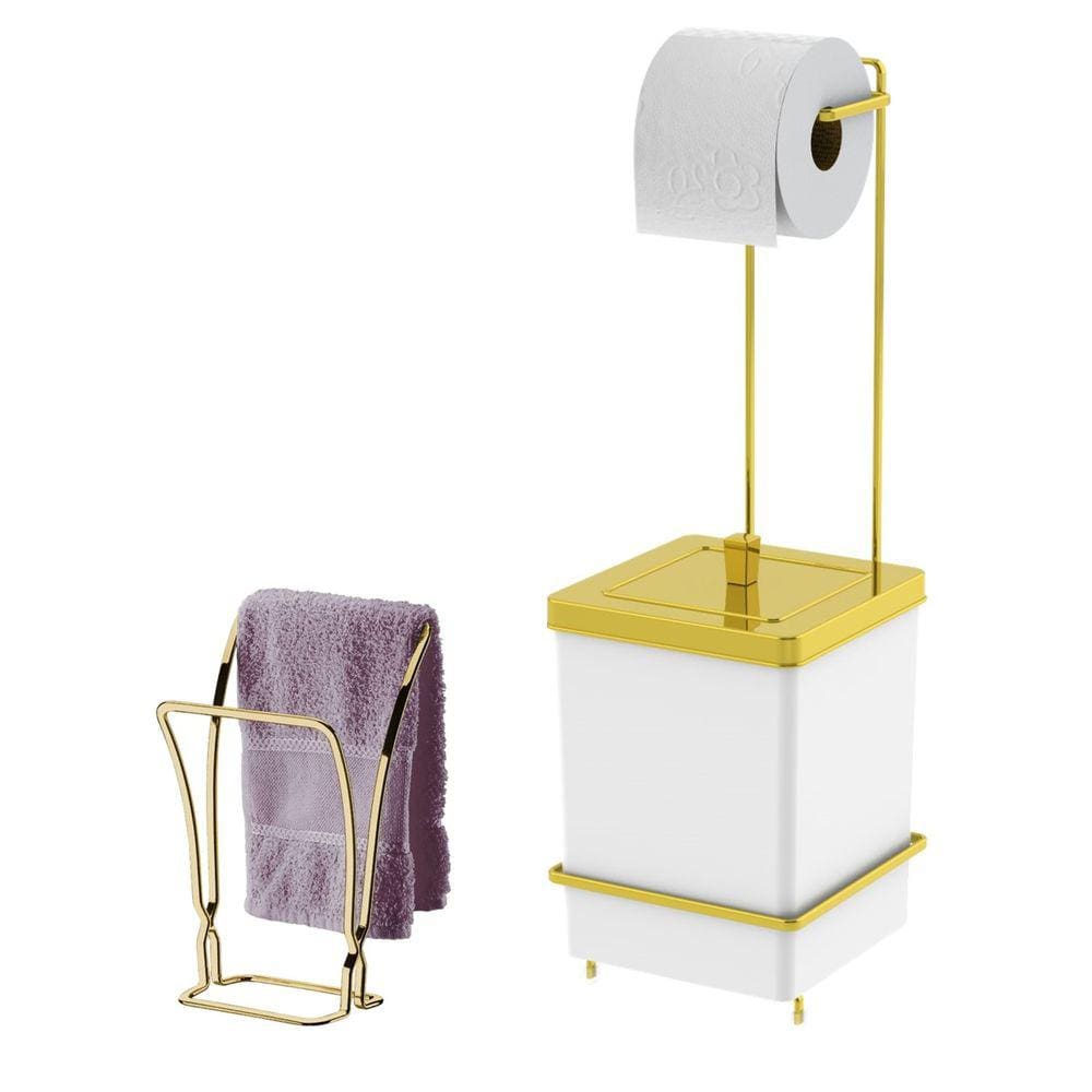 Kit Toalheiro Duplo De Bancada Suporte Papel Higiênico Com Lixeira 6,5L Branco Dourado - Future