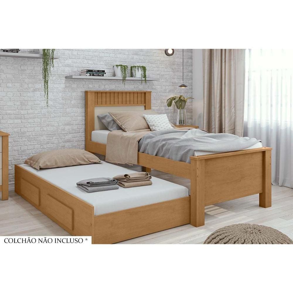 Cama Solteiro Athenas 2 Gavetas c/Auxiliar Amendoa/Off White - Lopas