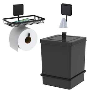 Kit Lixeira 6,5L Quadrada Com Suporte Porta Papel Higiênico Gancho Multiuso Adesivo Preto Fosco - Future