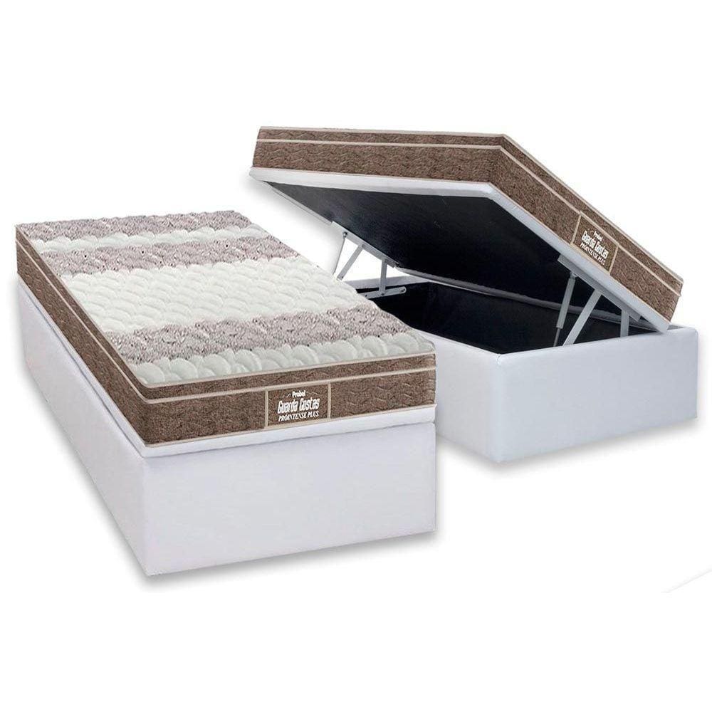 Cama Box Baú Solteiro: Colchão Anatômico Probel D33 / EP Guarda Costas PróIntense Plus + Base CRC Courano White(88x188)